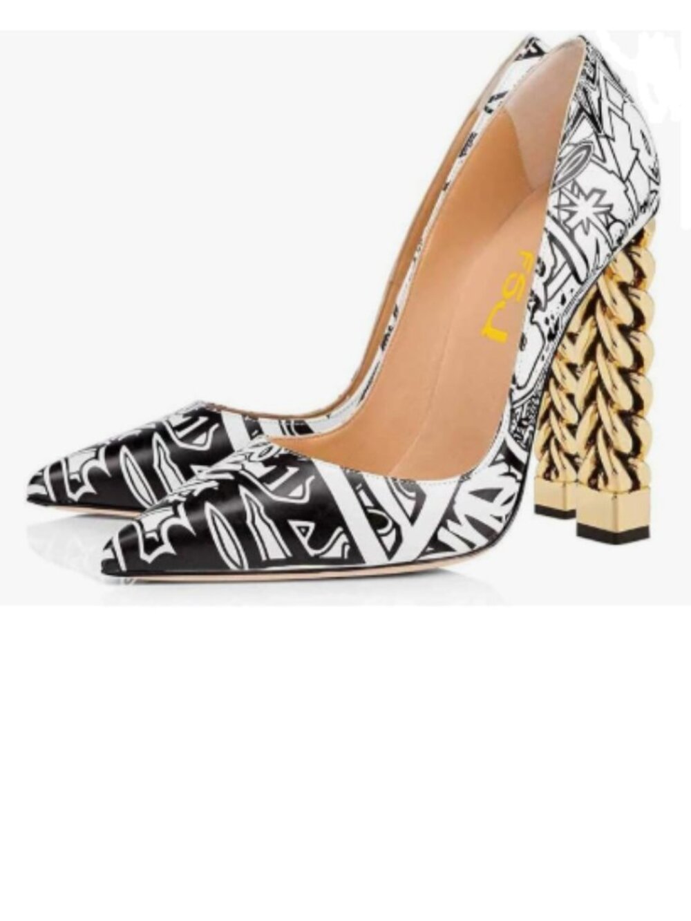 FSJ Black White Graffiti Gold Metal Chain Chunky Heel Pointed Toe Slip On Pumps